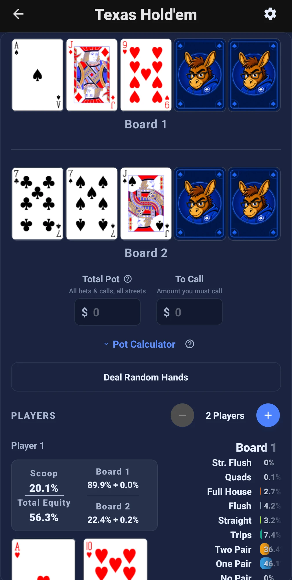 Donkey's Edge double-board calculator with two boards and board-by-board equity