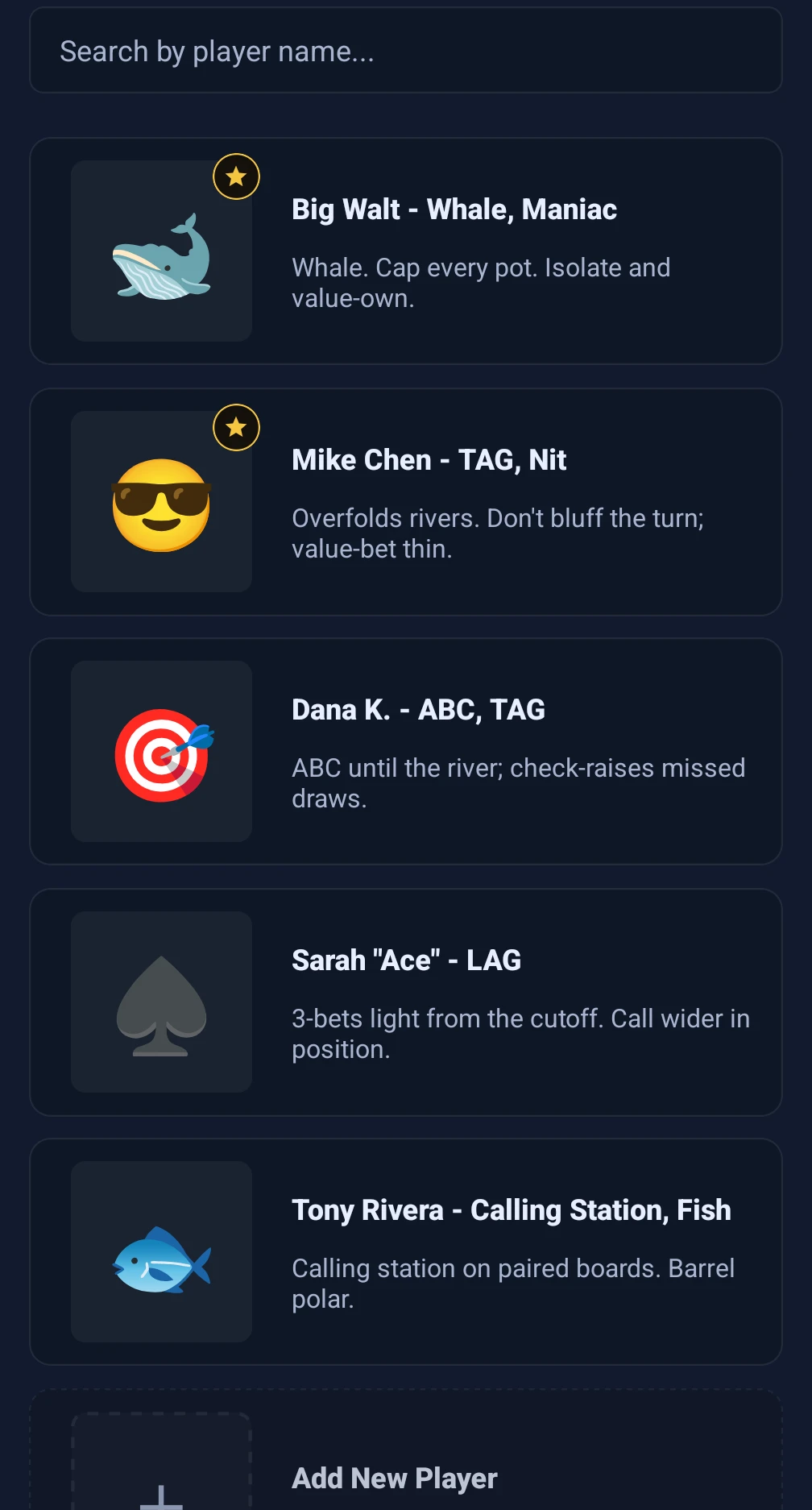 Searchable list of poker player notes