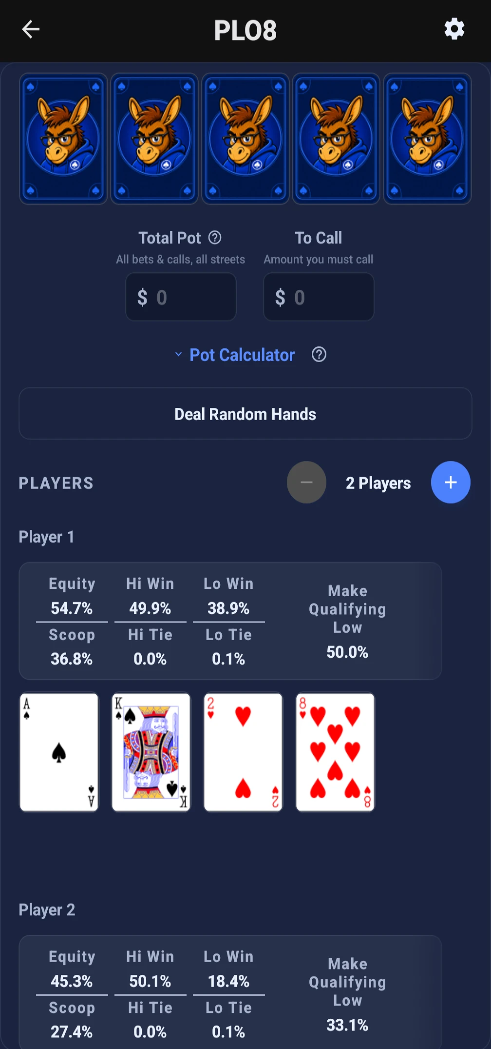 PLO8 equity with high, low, scoop, and qualifying-low results