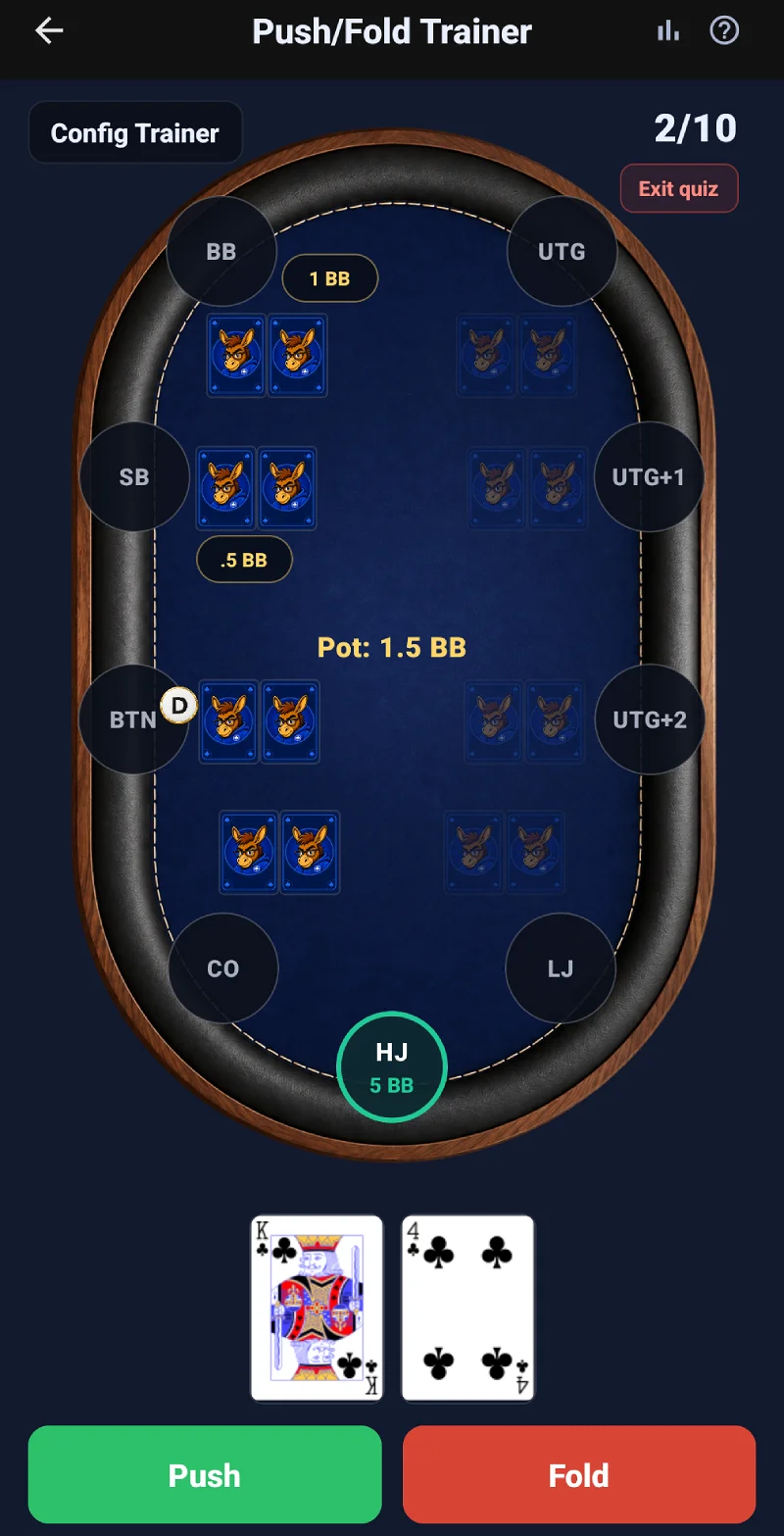 Push/fold trainer showing a tournament table and Push or Fold decision